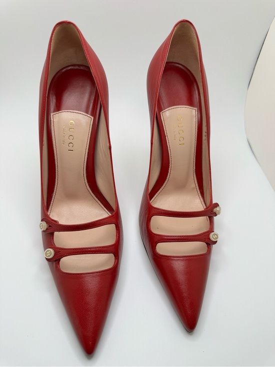 Gucci Shoes - Gucci Malaga Kid Leather Double Strap Pumps Heels Red 39.5